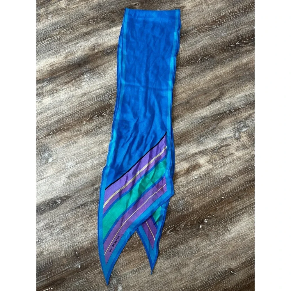 Vtg Liz Claiborne Silk Scarf Long Tapered Ends Blue Stripes 1980s